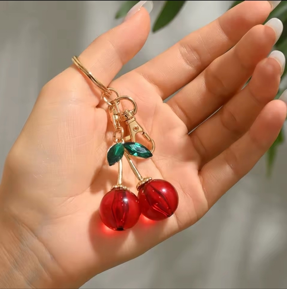 Sweet Cherry Keychain With Green Rhinestone Leaves Gold Color Keychain
